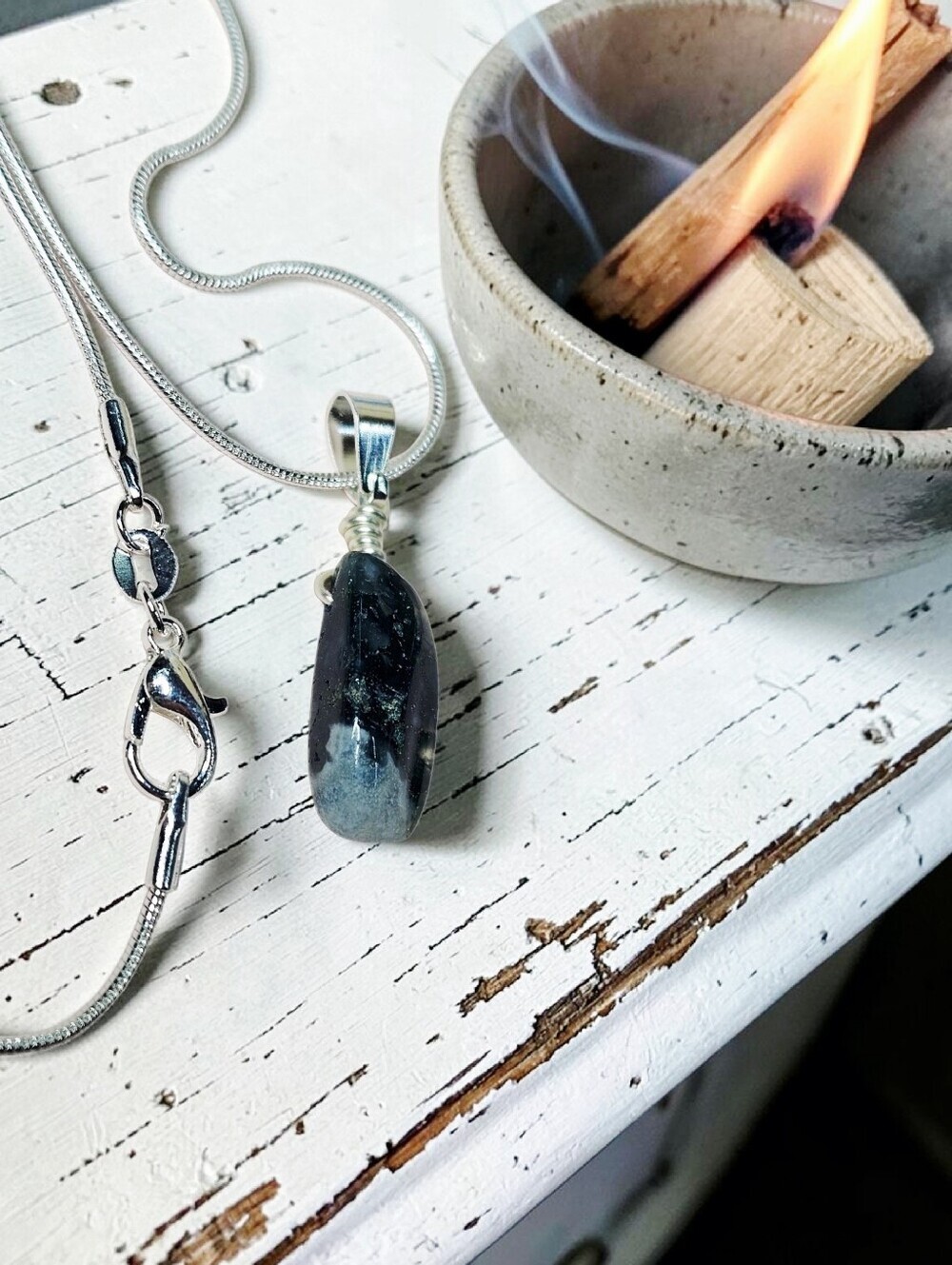 Handcrafted Silver Pendant Necklace with Dark Green-Black Stone